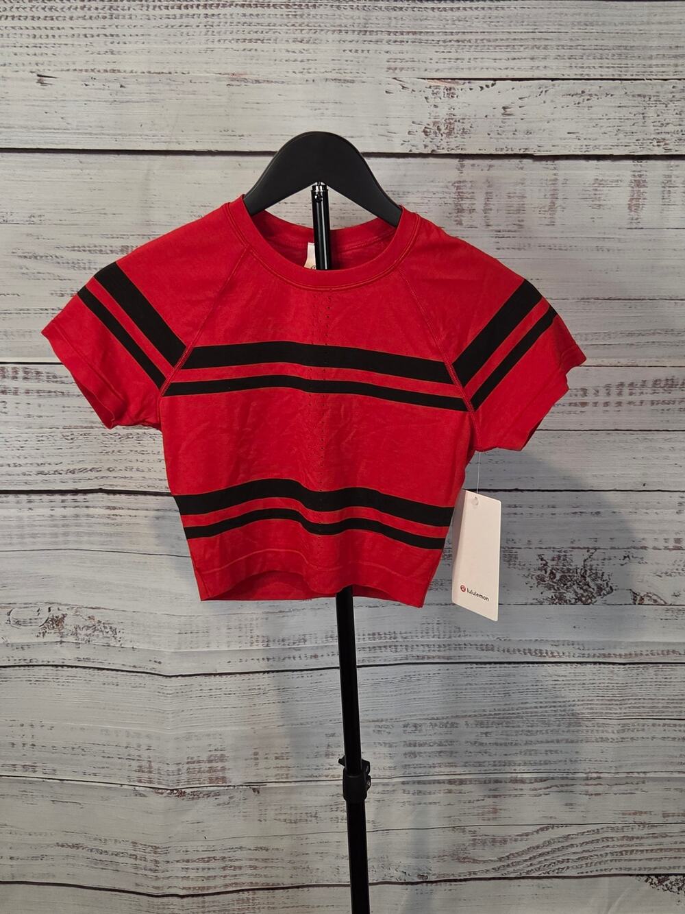 Lululemon Knit Short Sleeve Crewneck Crop Shirt Red Black Stripes Size 6